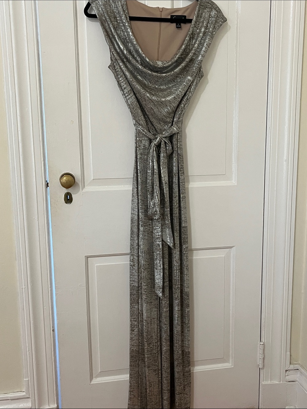 connected apparel Silver Metallic Cowl-Neck Jumpsuit with Waist Tie